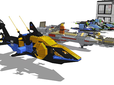 Colorful Building Block Models Including Helicopter Spaceship and Vehicle Sets 3d model