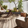 Cozy Home Balcony With Wooden Floor Outdoor Seating Green Plants Glass Railing And Mountain View