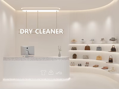 Modern Mall Dry Cleaner Shop With Reception Counter Displayed Bags Shoes And Clothing Icons 3d model