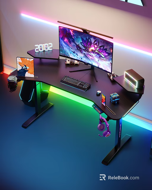 Modern Entertainment Desk With Large Gaming Monitor Keyboard Mouse And RGB Lighting 3d model 