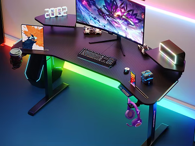 Modern Entertainment Desk With Large Gaming Monitor Keyboard Mouse And RGB Lighting 3d model