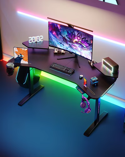 Modern Entertainment Desk With Large Gaming Monitor Keyboard Mouse And RGB Lighting 3d model