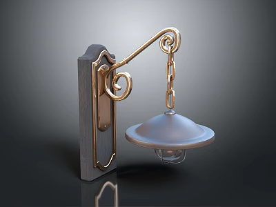 Vintage Gold And Gray Wall Light With Curved Scroll Design Chain And Glass Shade 3d model