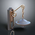 Vintage Gold And Gray Wall Light With Curved Scroll Design Chain And Glass Shade