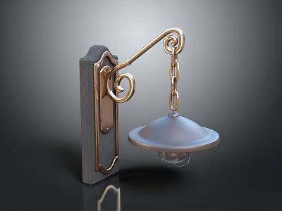 Vintage Gold And Gray Wall Light With Curved Scroll Design Chain And Glass Shade 3d model