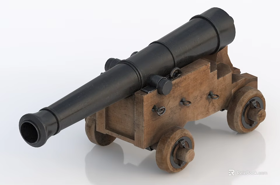 Vintage Weapon Classic Cannon Featuring Black Barrel Wooden Carriage And Wheels 3d model 