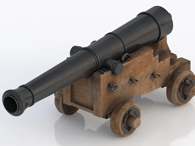 Vintage Weapon Classic Cannon Featuring Black Barrel Wooden Carriage And Wheels 3d model