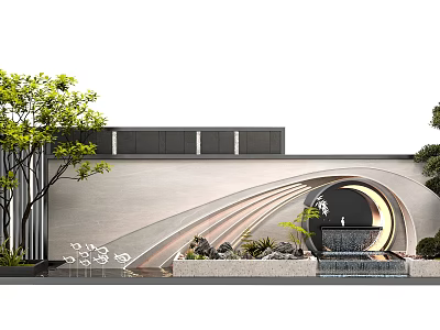 Modern Garden Landscape With Curved Arch Water Feature And Stone Elements 3d model