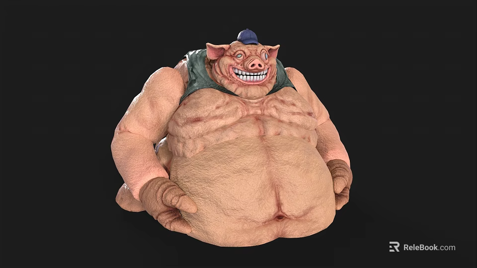 Cartoon Pig Character With Muscular Fat Body Blue Hat Green Vest Grinning Expression 3d model 