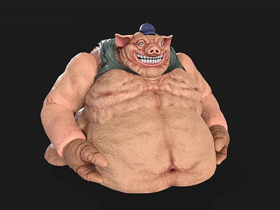 Cartoon Pig Character With Muscular Fat Body Blue Hat Green Vest Grinning Expression 3d model