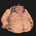 Cartoon Pig Character With Muscular Fat Body Blue Hat Green Vest Grinning Expression