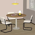 Round Wooden Dining Table With Three Chairs White Seats Black Frames Yellow Lamp And Fruits