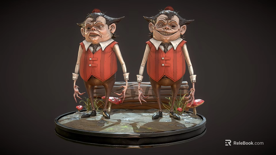 Two Men in Red Vests with Long Noses Standing on Base with Water and Mushrooms 3d model 