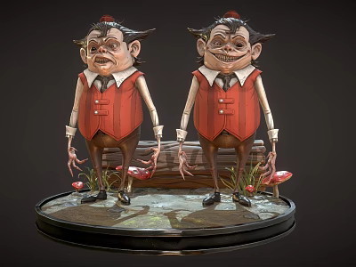 Two Men in Red Vests with Long Noses Standing on Base with Water and Mushrooms 3d model
