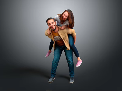 Happy Man Giving Piggyback Ride To Smiling Woman On Gray Background 3d model