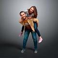 Happy Man Giving Piggyback Ride To Smiling Woman On Gray Background