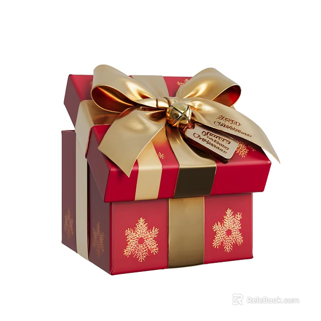 Festive Decorative Ornament Set With Red Gift Box Gold Bow And Snowflake Patterns 3d model 