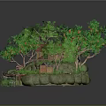 Miniature Landscape Scene With Green Trees Red Fruits Small Cabin And Rock Base