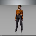 Stylish Woman Wearing Orange Top Gray Pants And Black Crossbody Bag Standing Against Gray Background
