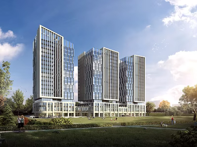Modern Office Building Complex Featuring Glass Curtain Walls Green Lawns And Trees 3d model