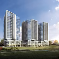 Modern Office Building Complex Featuring Glass Curtain Walls Green Lawns And Trees
