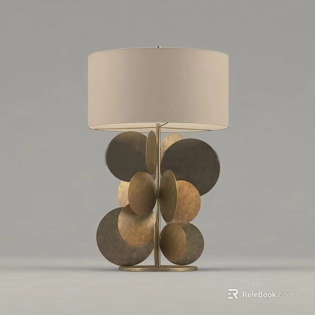 Modern Table Lamp With Circular Brass Disc Base And Beige Fabric Shade 3d model