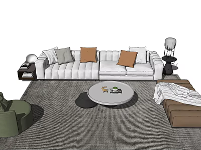 Modern Sofa and Coffee Table Set with Pillows Round Table Rug Green Armchair and Lamp 3d model