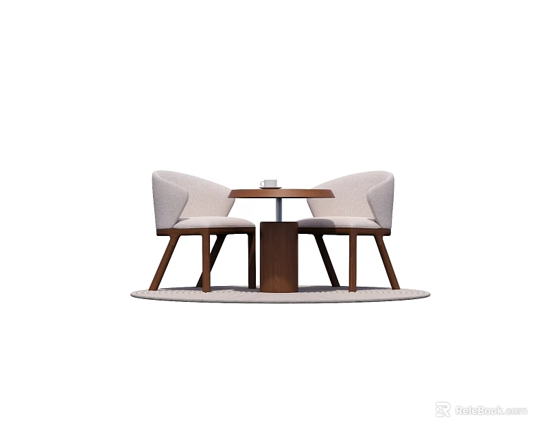 Two Beige Leisure Chairs with Small Round Table Wooden Legs on Light Colored Circular Rug 3d model 