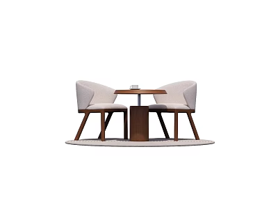 Two Beige Leisure Chairs with Small Round Table Wooden Legs on Light Colored Circular Rug 3d model
