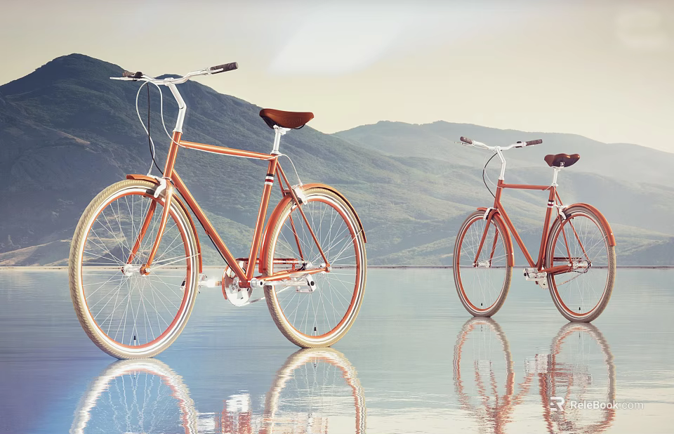 Two Orange Bicycles Parked By Water With Mountain Background Sky And Reflection On Water Surface 3d model 