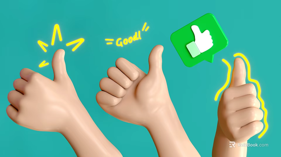 Multiple Thumbs Up with Good Text and Green Like Icon on Turquoise Background 3d model 