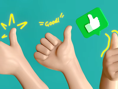 Multiple Thumbs Up with Good Text and Green Like Icon on Turquoise Background 3d model