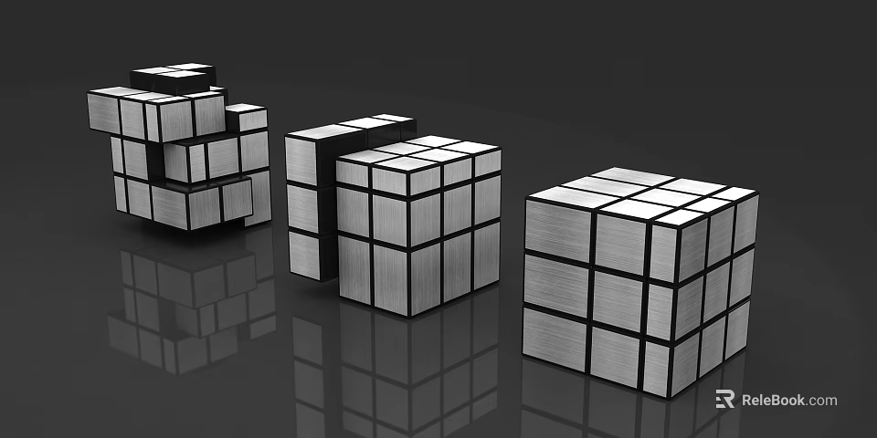 Multiple Shiny Metal Rubik's Cubes With Reflective Surfaces On Dark Reflective Background 3d model 