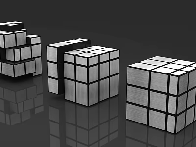 Multiple Shiny Metal Rubik's Cubes With Reflective Surfaces On Dark Reflective Background 3d model