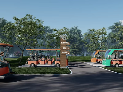 Covered Golf Carts Parked Near Signpost With Trees In Resort Parking Area 3d model