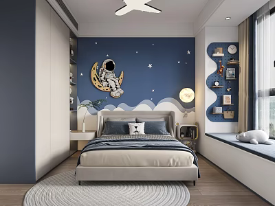 Children's Room Interior With Blue Walls Astronaut Mural Stars Clouds Bed Shelves And Window Seat 3d model