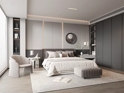 Modern Bedroom Interior With King Bed Side Tables Chair Rug And Decorative Mirror 3d model