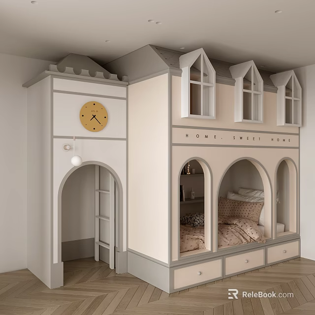 Castle Style Children's Bed With Dormer Windows Wall Clock Arched Doorway And Storage Drawers 3d model 