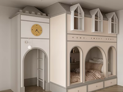 Castle Style Children's Bed With Dormer Windows Wall Clock Arched Doorway And Storage Drawers 3d model