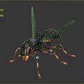 Detailed 3D Rendered Mechanical Insect With Green Body Yellow Legs And Transparent Wings