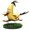 Yellow Chicken Doll Running on Green Grass with Big Eyes and Open Mouth