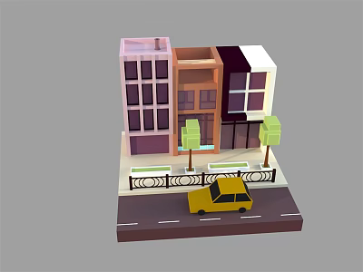Colorful Cartoon Street Scene With Stylish Buildings Trees And Yellow Car 3d model