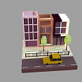 Colorful Cartoon Street Scene With Stylish Buildings Trees And Yellow Car