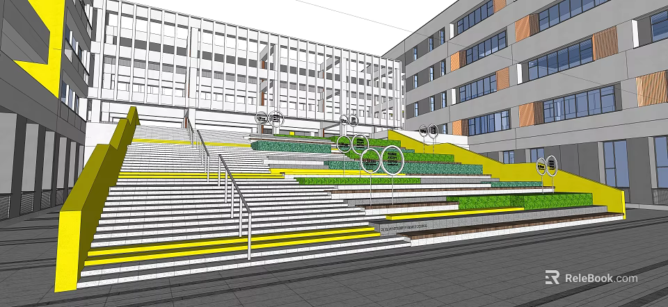 Modern Outdoor Stairs With Green Steps Yellow Accent Lines And Surrounding Buildings 3d model 