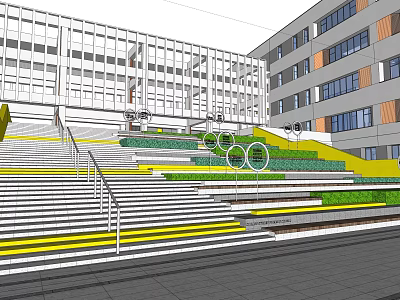 Modern Outdoor Stairs With Green Steps Yellow Accent Lines And Surrounding Buildings 3d model