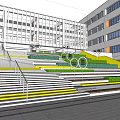 Modern Outdoor Stairs With Green Steps Yellow Accent Lines And Surrounding Buildings