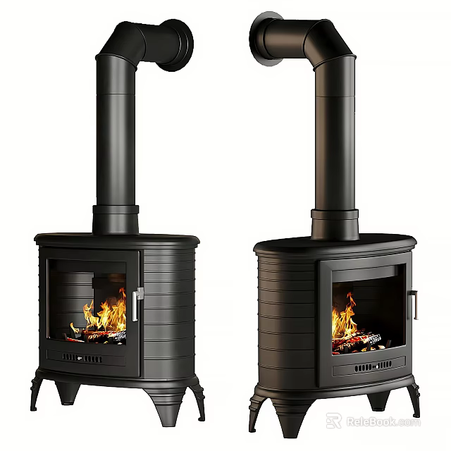 Freestanding Black Steel Fireplace With Burning Logs And Bright Flames Indoors 3d model 