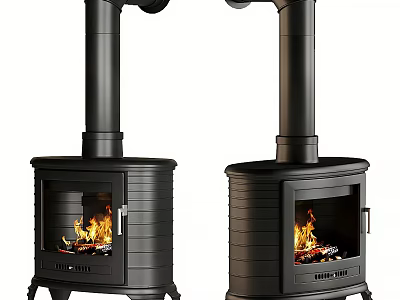 Freestanding Black Steel Fireplace With Burning Logs And Bright Flames Indoors 3d model
