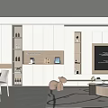 Modern Minimalist Living And Dining Room With White Cabinets TV Backdrop And Dining Table