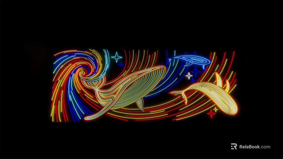 Decorative Neon Lights with Whale Star and Swirl Patterns in Colorful Design on Black Background 3d model 